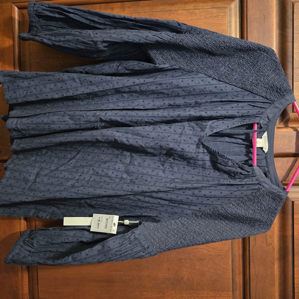 Navy Textured Long Sleeve Blouse